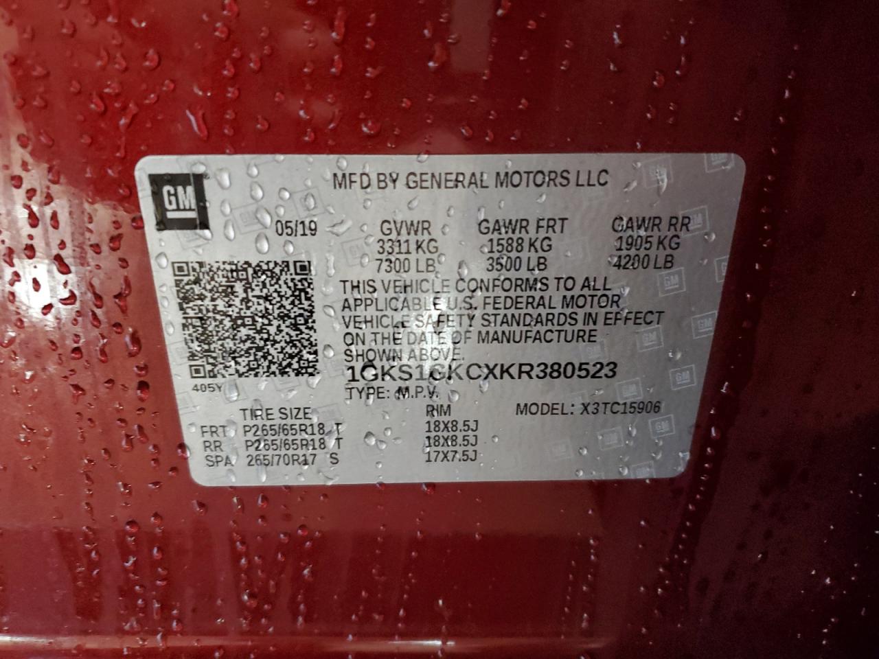 2019 GMC Yukon VIN 1GKS1GKCXKR380523 Copart auction photo, front end damage thumbnail 13