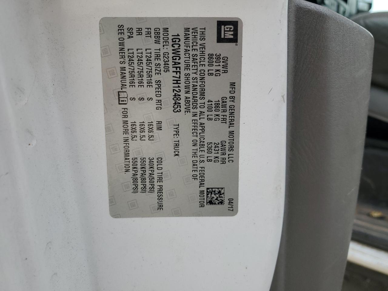 2017 Chevrolet Express VIN 1GCWGAFF7H1248453 Copart auction photo, side / front end damage thumbnail 13