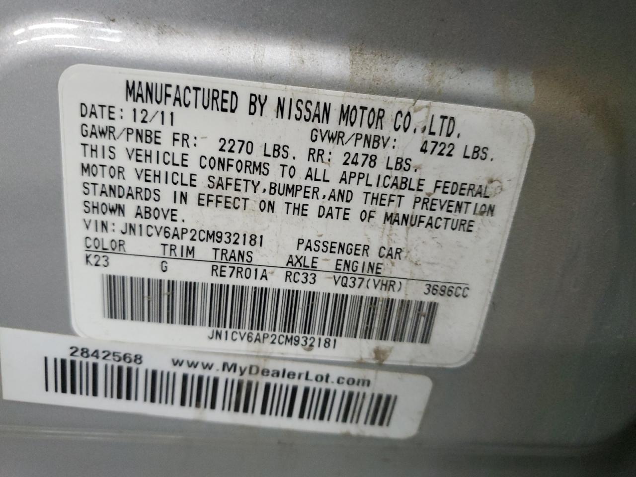 2012 Infiniti G VIN JN1CV6AP2CM932181 Copart auction photo, front end damage thumbnail 15