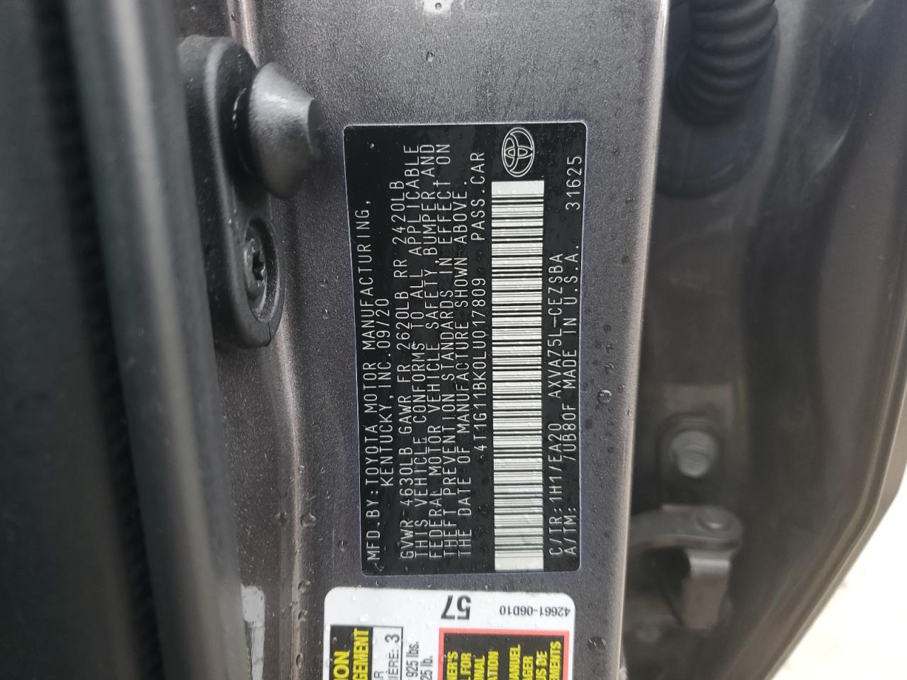 2020 Toyota Camry VIN 4T1G11BK0LU017809 Copart auction photo, front end damage thumbnail 12