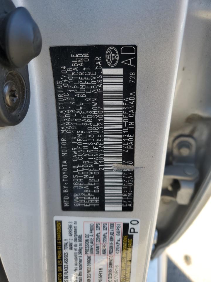 2005 Toyota Corolla VIN 2T1BY32E55C321007 Copart auction photo, side / hail damage thumbnail 12