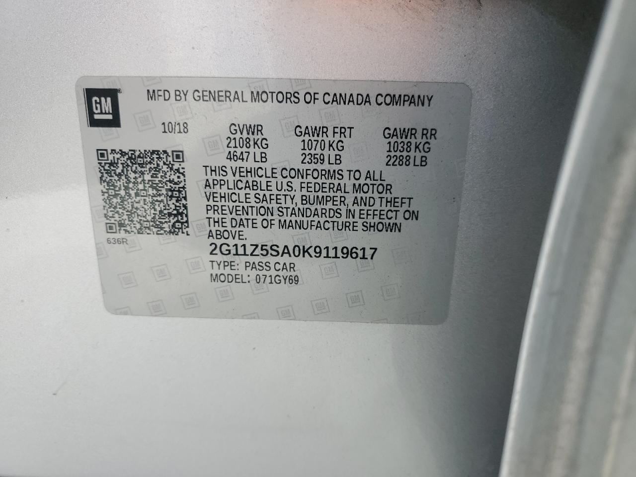 2019 Chevrolet Impala VIN 2G11Z5SA0K9119617 Copart auction photo, front end damage thumbnail 12