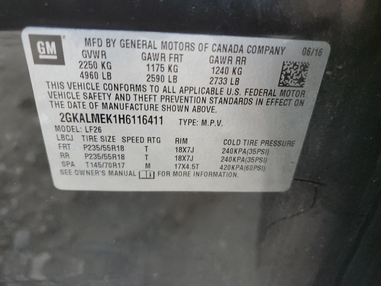 2017 GMC Terrain VIN 2GKALMEK1H6116411 Copart auction photo, front end damage thumbnail 14
