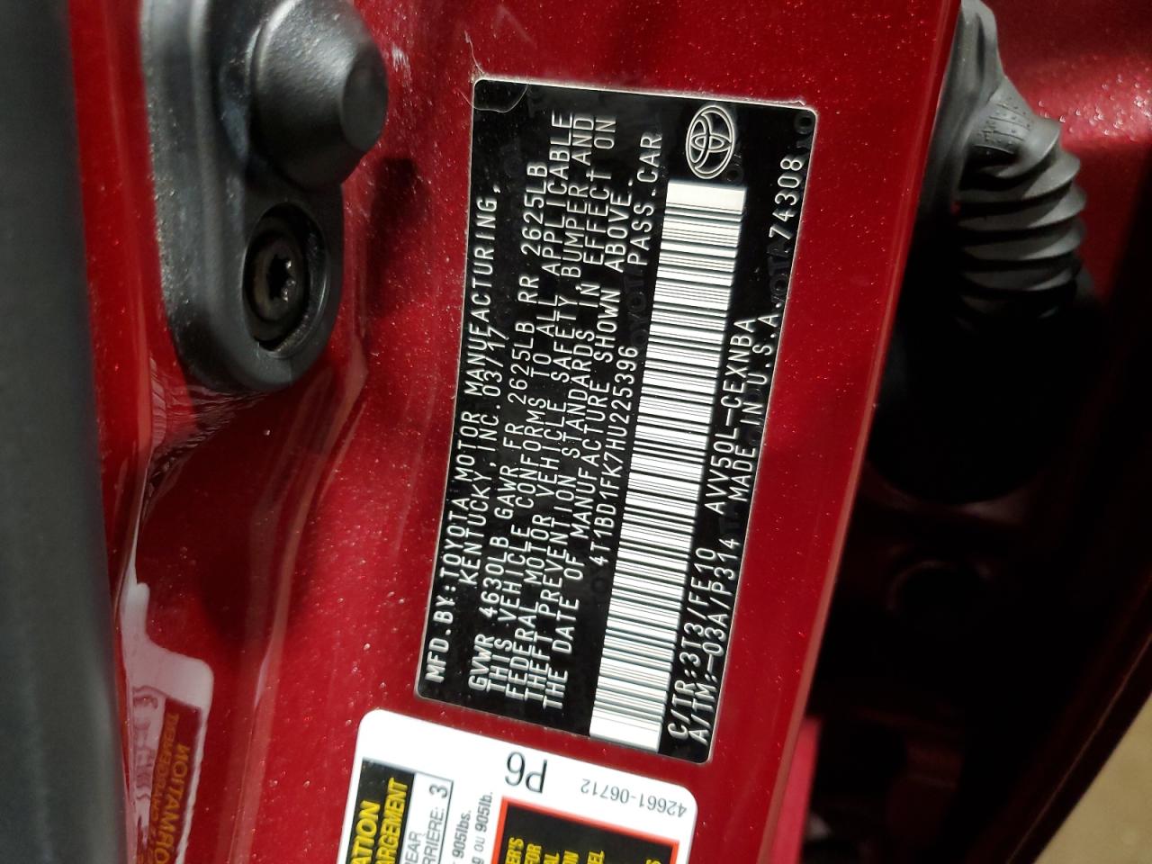 2017 Toyota Camry VIN 4T1BD1FK7HU225396 Copart auction photo, rear end / front end damage thumbnail 12