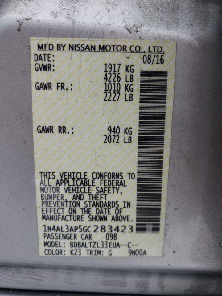 2016 Nissan Altima VIN 1N4AL3AP5GC283423 Copart auction photo, top/roof damage thumbnail 12