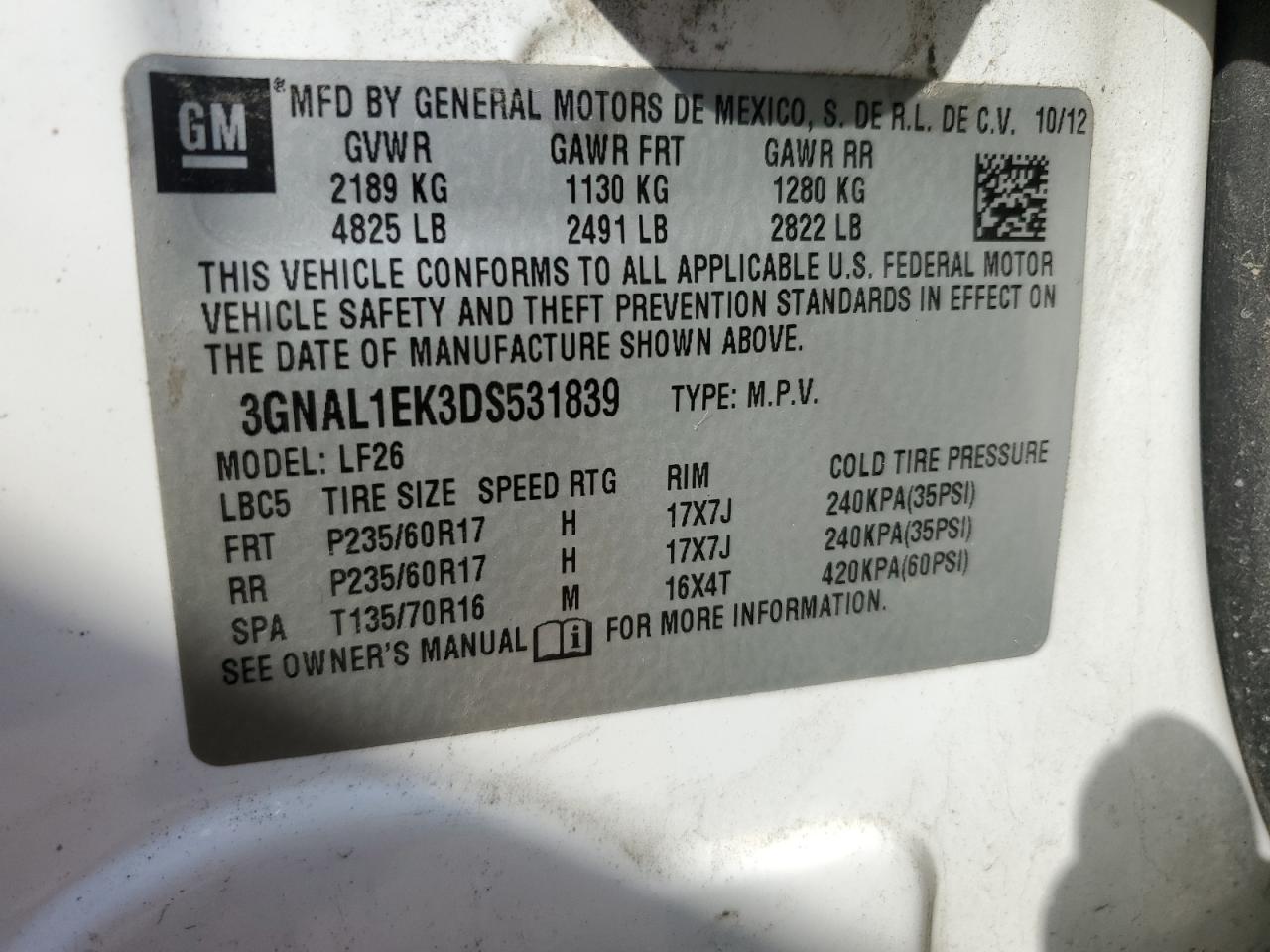 2013 Chevrolet Captiva VIN 3GNAL1EK3DS531839 Copart auction photo, mechanical damage thumbnail 13
