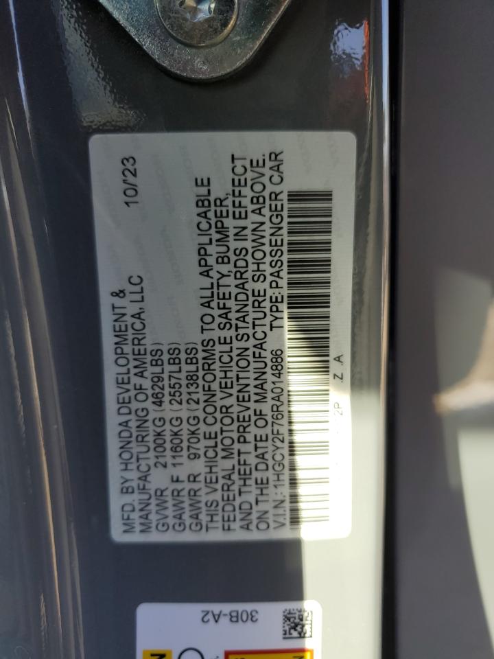 2024 Honda Accord VIN 1HGCY2F76RA014886 Copart auction photo, rear end damage thumbnail 14