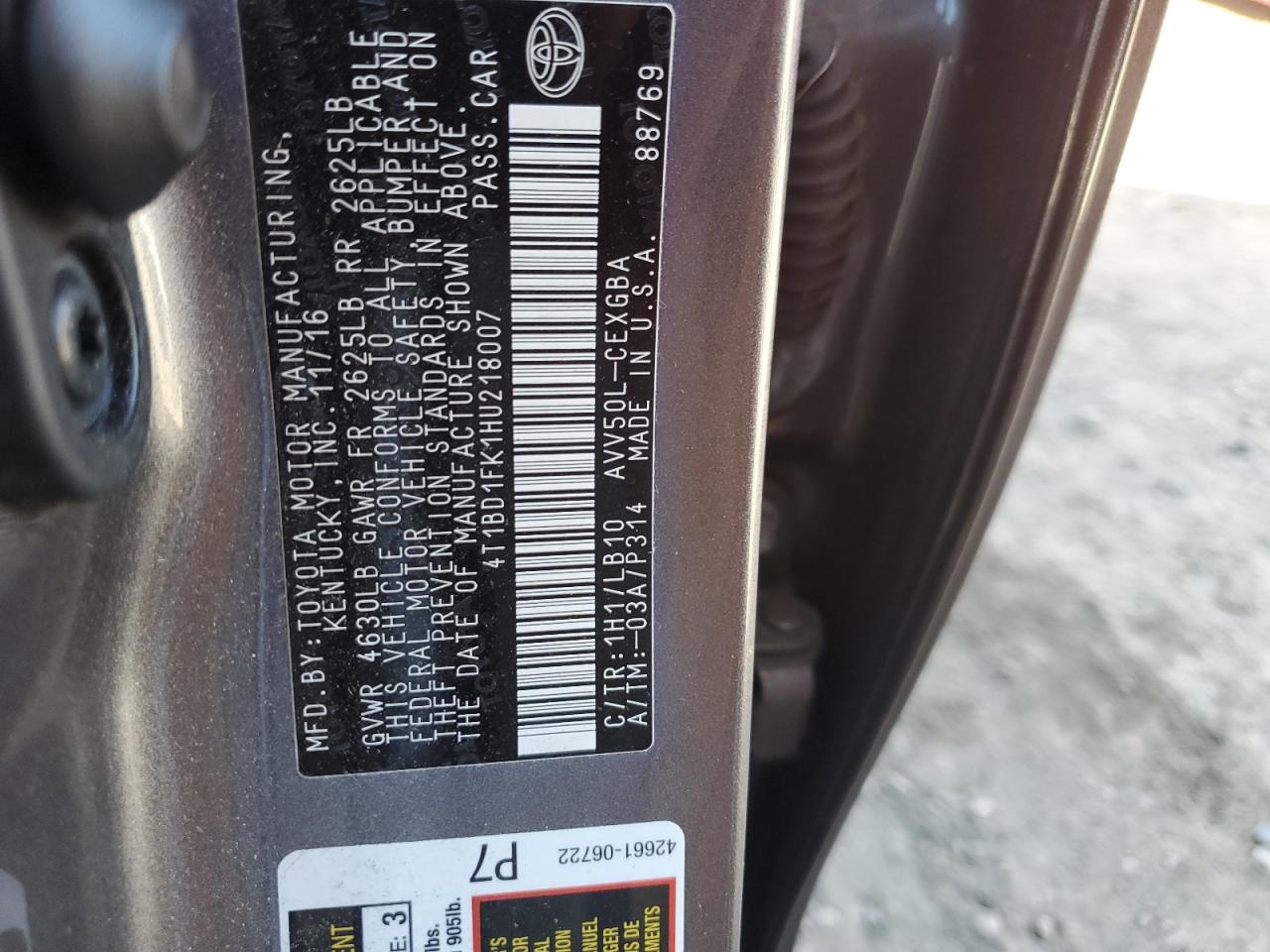 2017 Toyota Camry VIN 4T1BD1FK1HU218007 Copart auction photo, undercarriage / side damage thumbnail 12