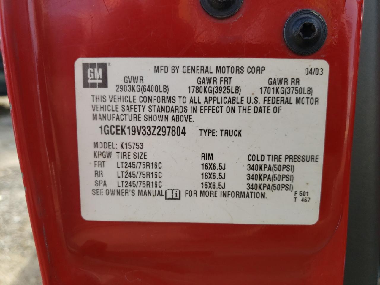 2003 Chevrolet Silverado VIN 1GCEK19V33Z297804 Copart auction photo, all over damage thumbnail 14