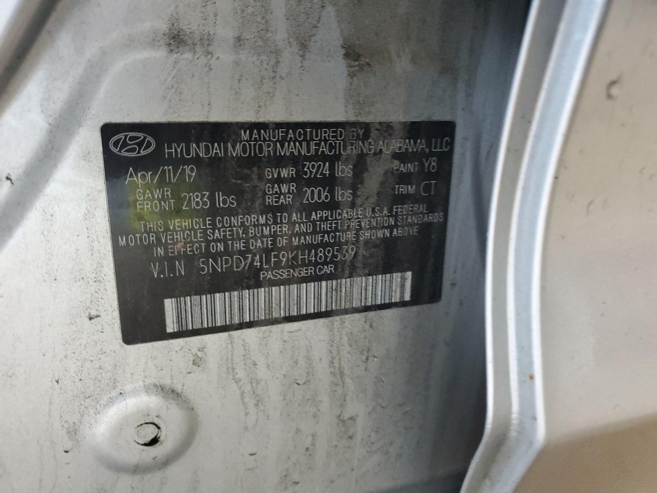 2019 Hyundai Elantra VIN 5NPD74LF9KH489539 Copart auction photo, front end / side damage thumbnail 15