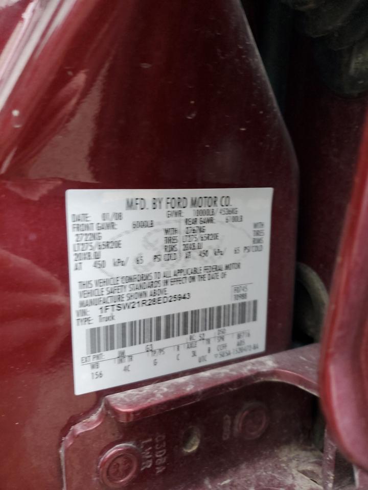 2008 Ford F250 VIN 1FTSW21R28ED25943 Copart auction photo, front end damage thumbnail 14