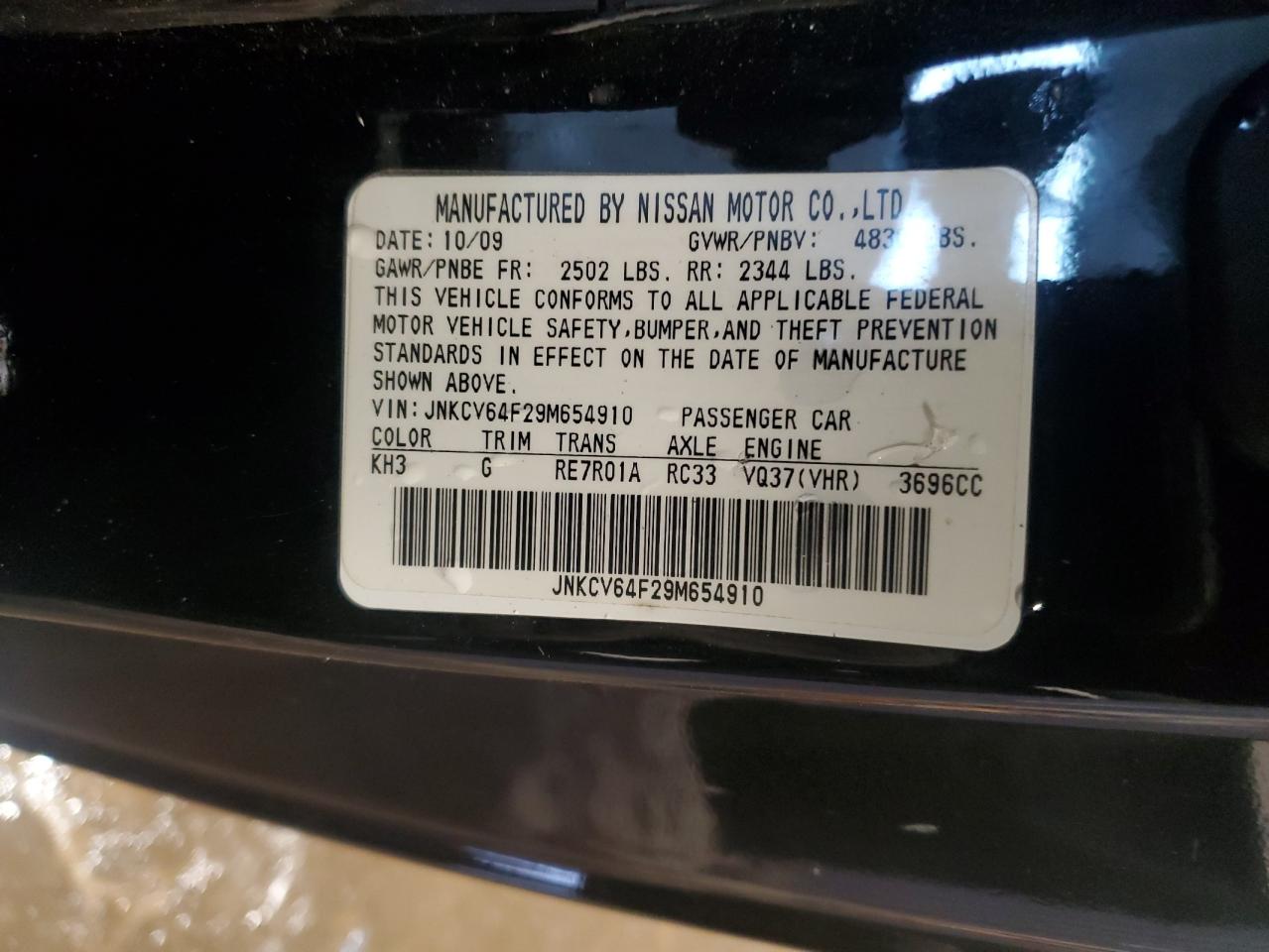 2009 Infiniti G VIN JNKCV64F29M654910 Copart auction photo, rear end / front end damage thumbnail 12