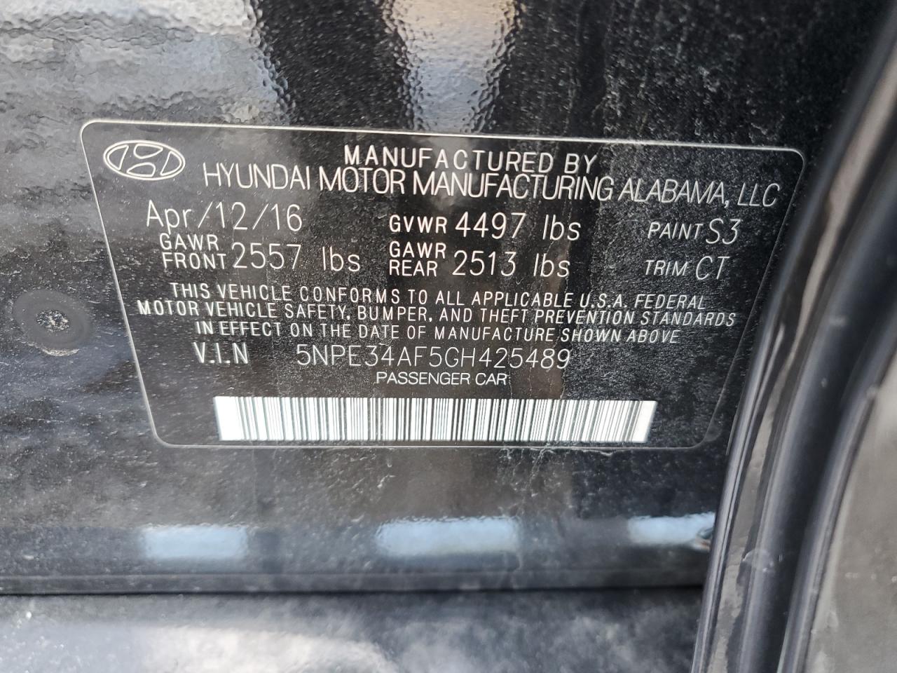 2016 Hyundai Sonata VIN 5NPE34AF5GH425489 Copart auction photo, front end / minor dent/scratches damage thumbnail 13