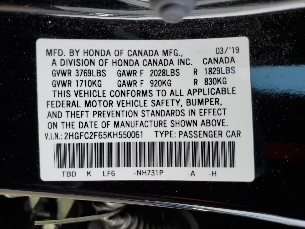 2019 Honda Civic VIN 2HGFC2F65KH550061 Copart auction photo, front end / rear end damage thumbnail 12