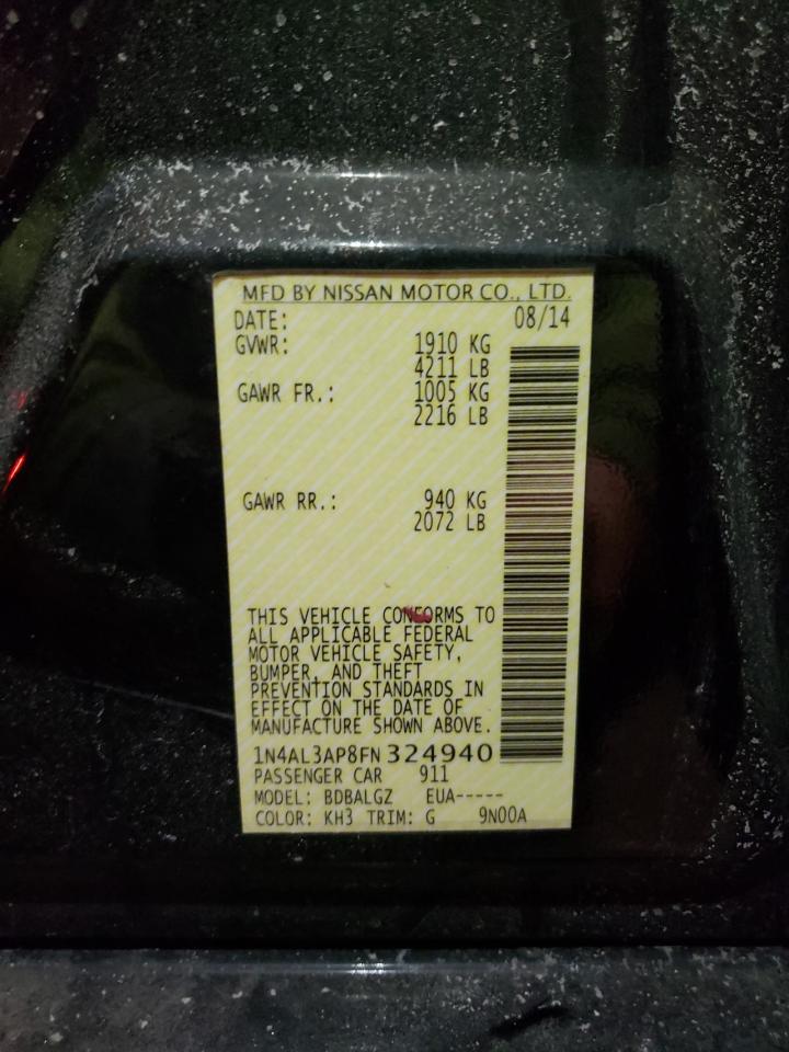 2015 Nissan Altima VIN 1N4AL3AP8FN324940 Copart auction photo, front end / side damage thumbnail 14