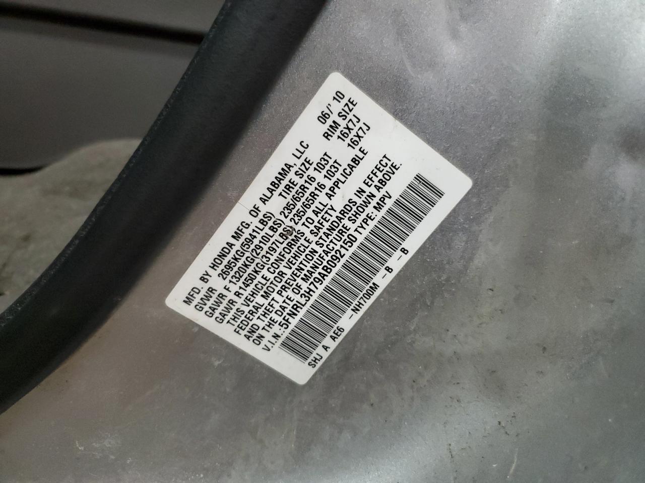 2010 Honda Odyssey VIN 5FNRL3H79AB092150 Copart auction photo, rear end damage thumbnail 13