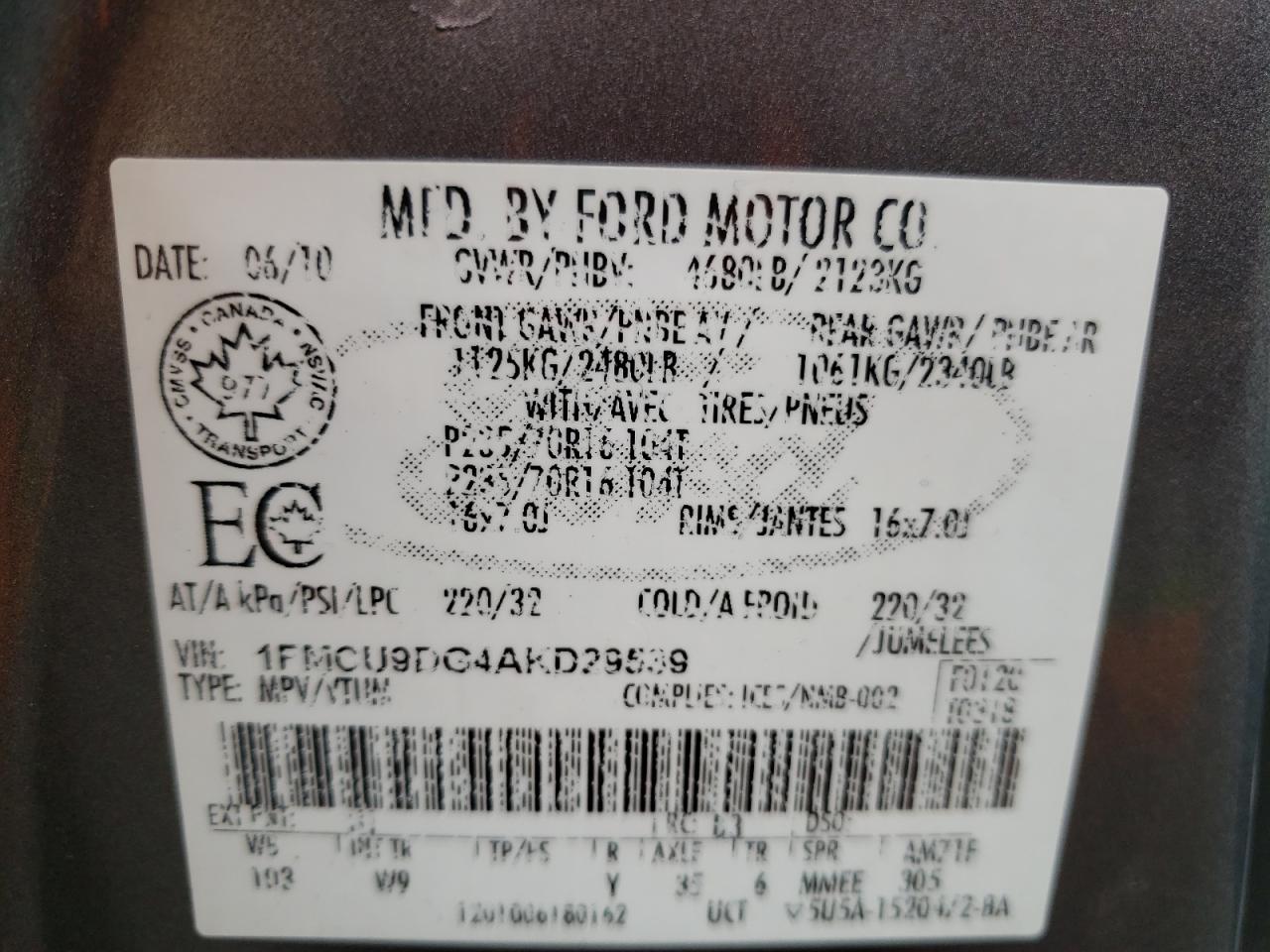 2010 Ford Escape VIN 1FMCU9DG4AKD29539 Copart auction photo, rear end / minor dent/scratches damage thumbnail 14