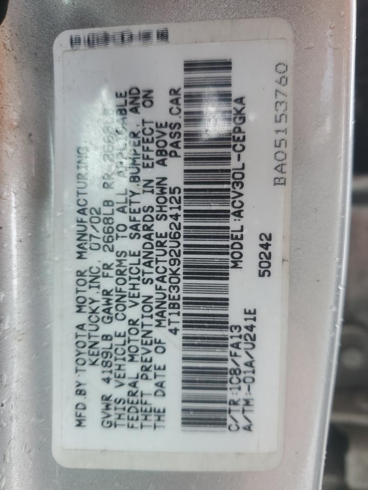 2002 Toyota Camry VIN 4T1BE30K92U624125 Copart auction photo, front end damage thumbnail 13