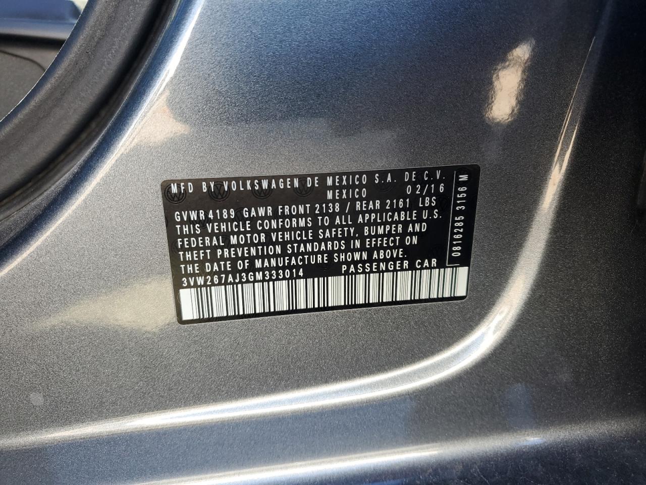 2016 Volkswagen Jetta VIN 3VW267AJ3GM333014 Copart auction photo, side damage thumbnail 12