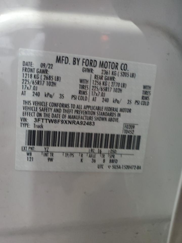 2022 Ford Maverick VIN 3FTTW8F9XNRA92483 Copart auction photo, front end damage thumbnail 12