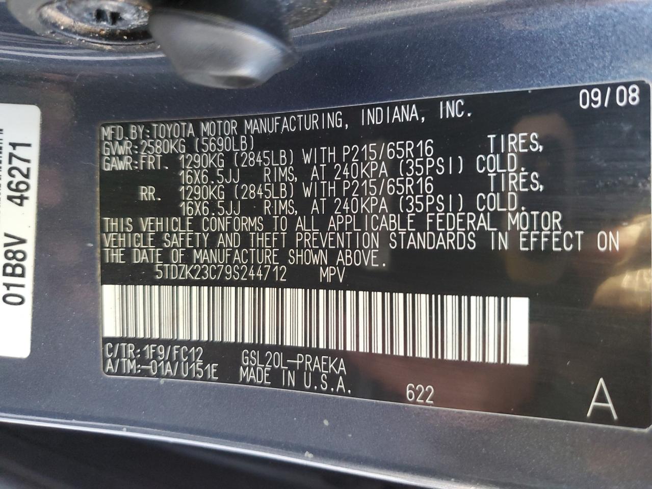 2009 Toyota Sienna VIN 5TDZK23C79S244712 Copart auction photo, front end damage thumbnail 15