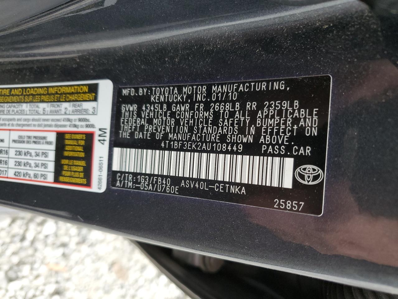 2010 Toyota Camry VIN 4T1BF3EK2AU108449 Copart auction photo, all over / mechanical damage thumbnail 14