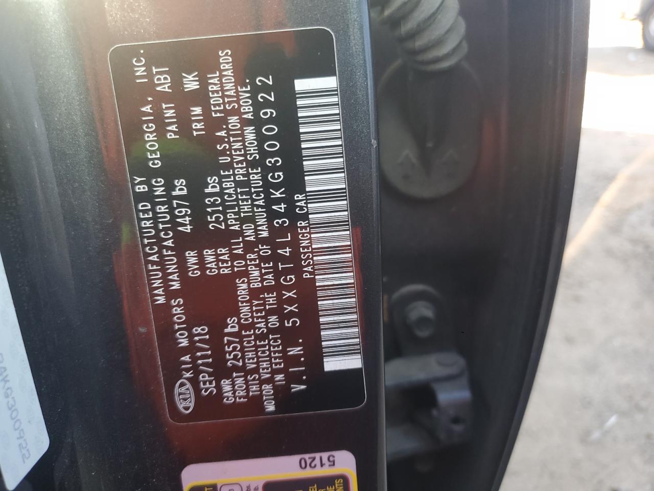 2019 KIA Optima VIN 5XXGT4L34KG300922 Copart auction photo, front end / side damage thumbnail 12