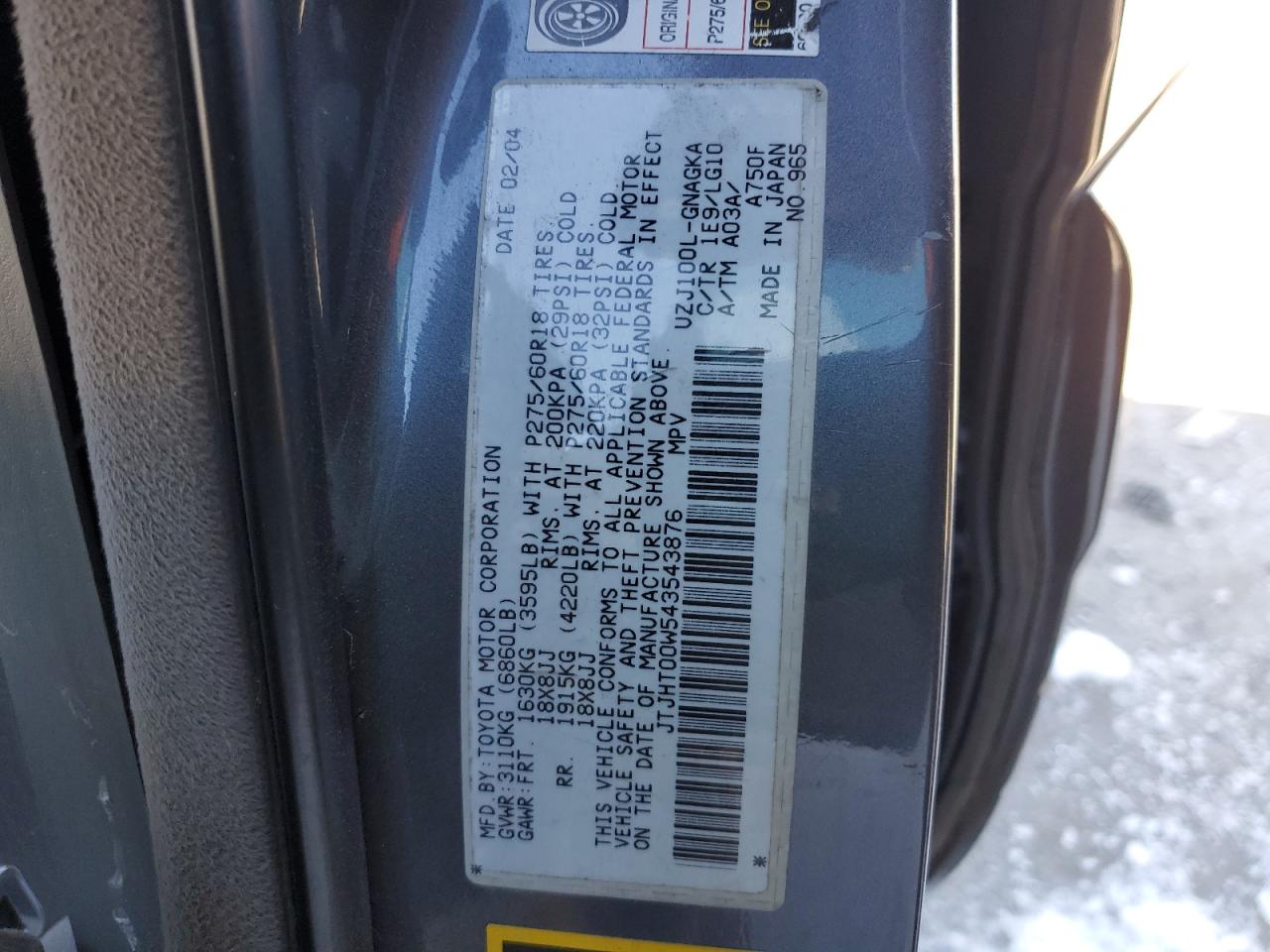 2004 Lexus LX VIN JTJHT00W543543876 Copart auction photo, all over damage thumbnail 13