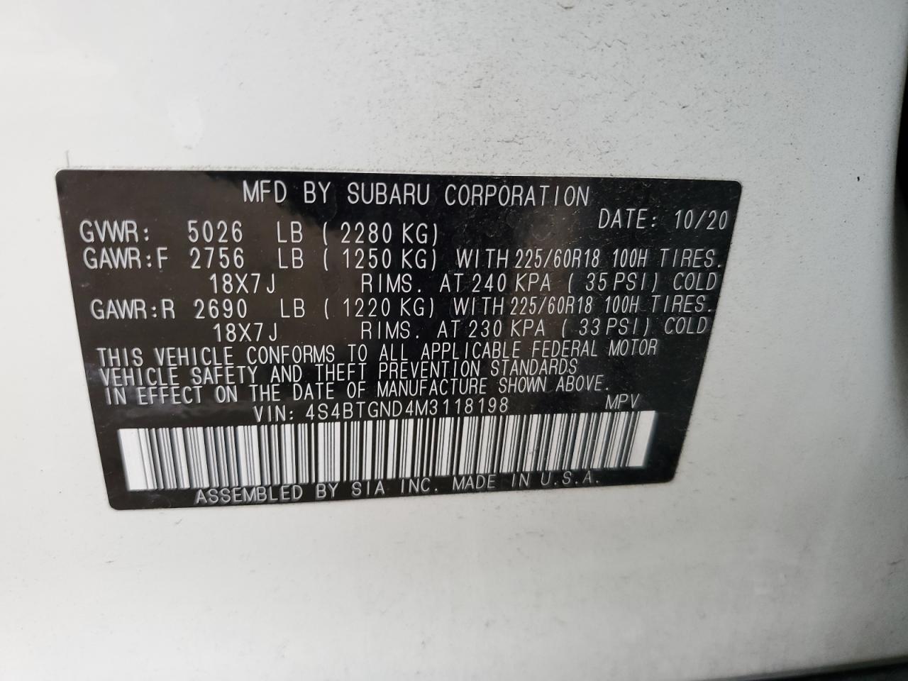 2021 Subaru Outback VIN 4S4BTGND4M3118198 Copart auction photo, side / undercarriage damage thumbnail 12