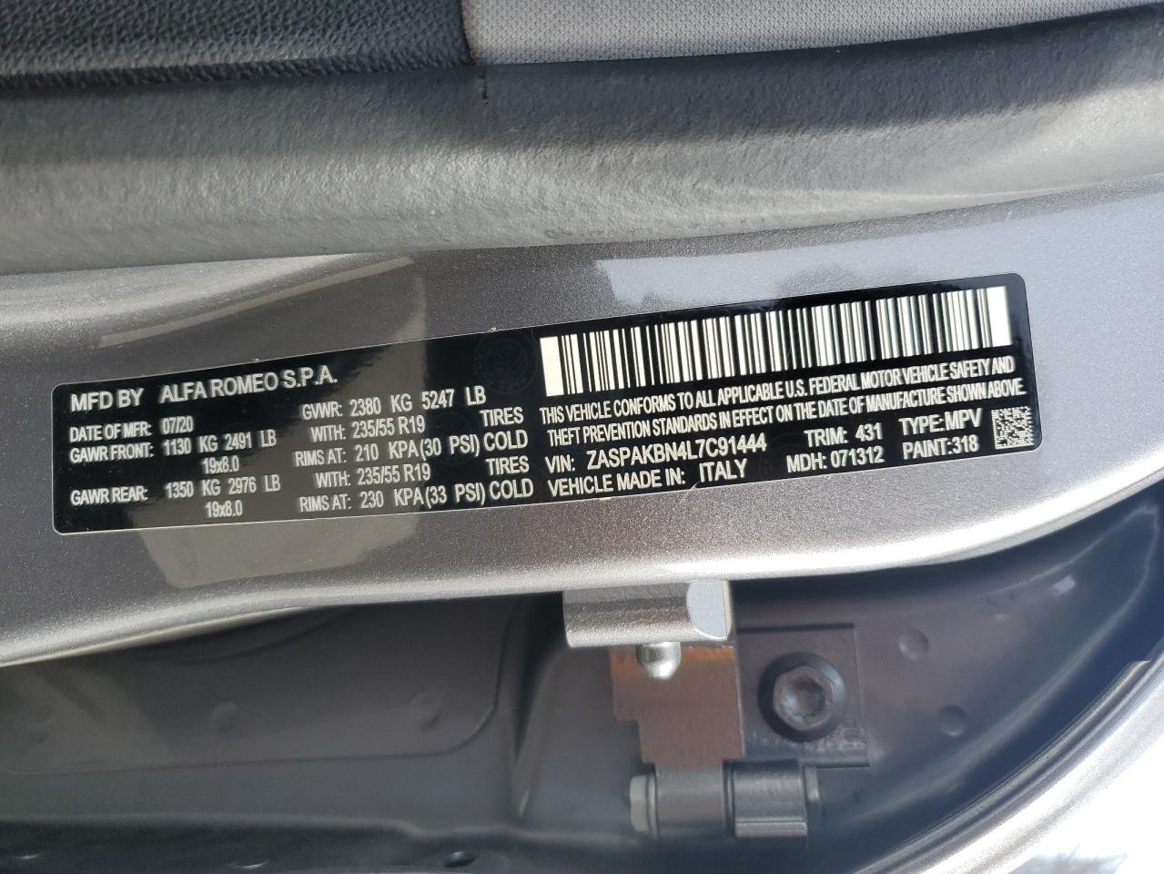 2020 Alfa Romeo Stelvio VIN ZASPAKBN4L7C91444 Copart auction photo, side damage thumbnail 13