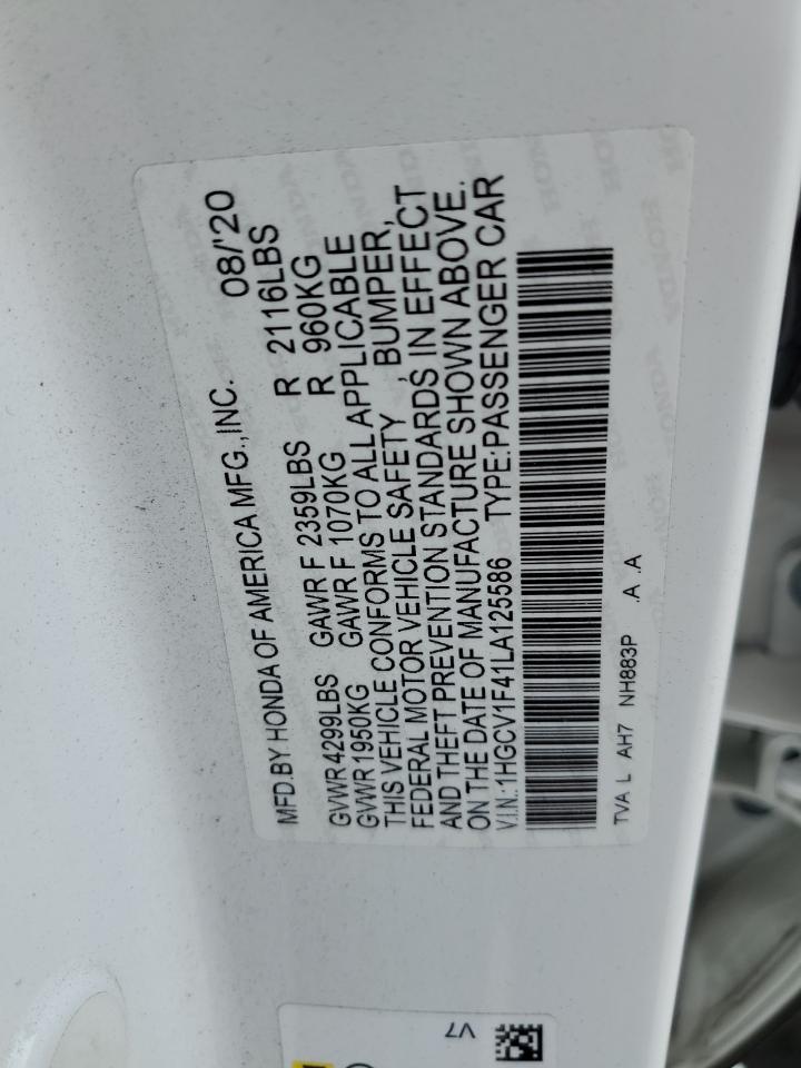 2020 Honda Accord VIN 1HGCV1F41LA125586 Copart auction photo, side / rear end damage thumbnail 14