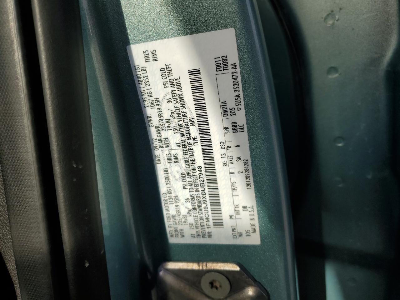 2013 Ford Escape VIN 1FMCU9J9XDUB27948 Copart auction photo, front end damage thumbnail 13
