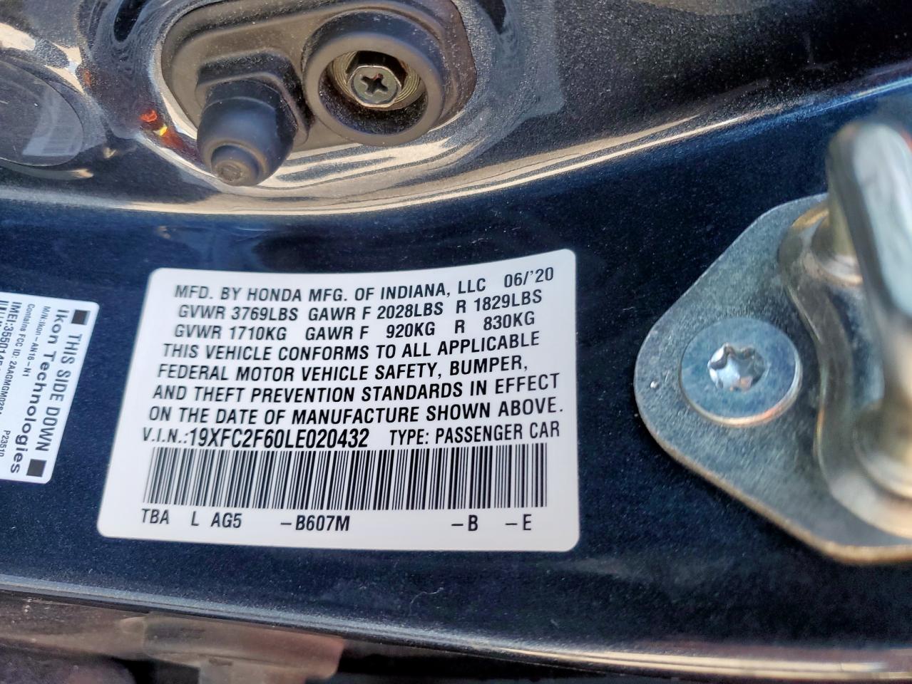 2020 Honda Civic VIN 19XFC2F60LE020432 Copart auction photo, front end damage thumbnail 13