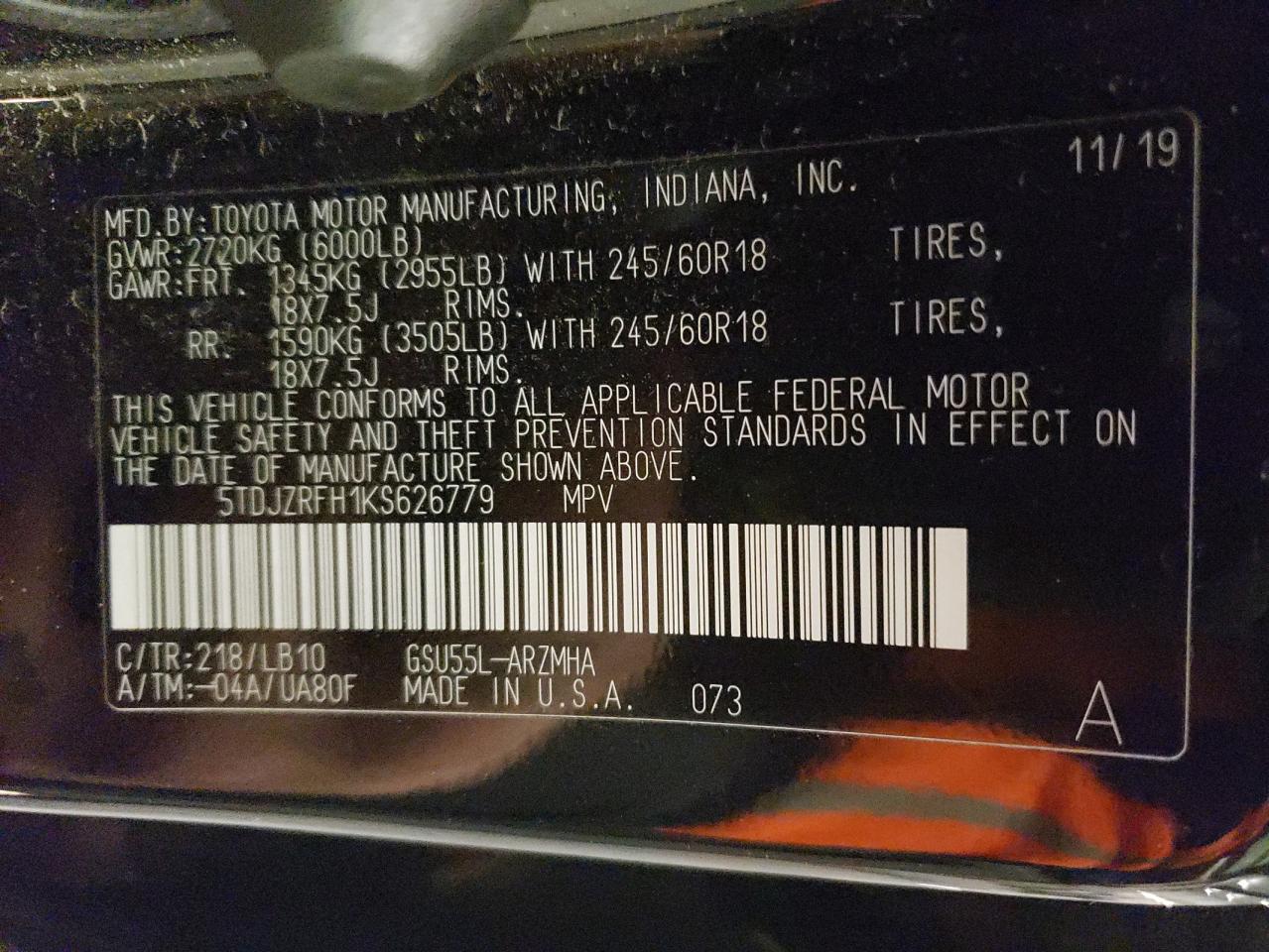 2019 Toyota Highlander VIN 5TDJZRFH1KS626779 Copart auction photo, front end / rear end damage thumbnail 15