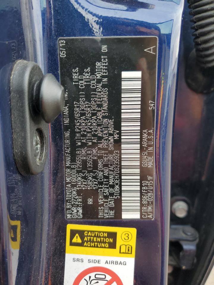 2013 Toyota Highlander VIN 5TDBK3EH7DS235923 Copart auction photo, side damage thumbnail 13