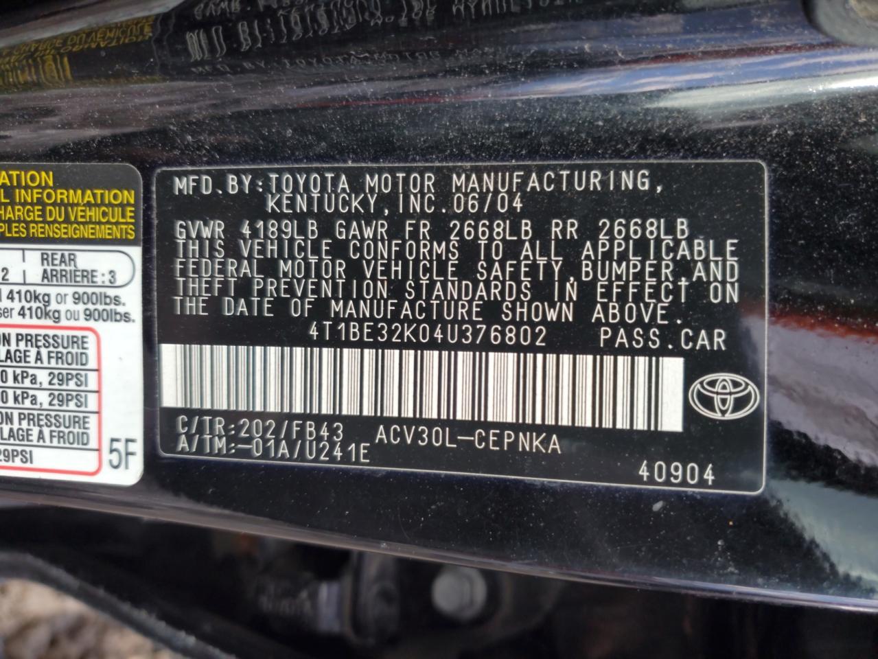 2004 Toyota Camry VIN 4T1BE32K04U376802 Copart auction photo, front end damage thumbnail 12