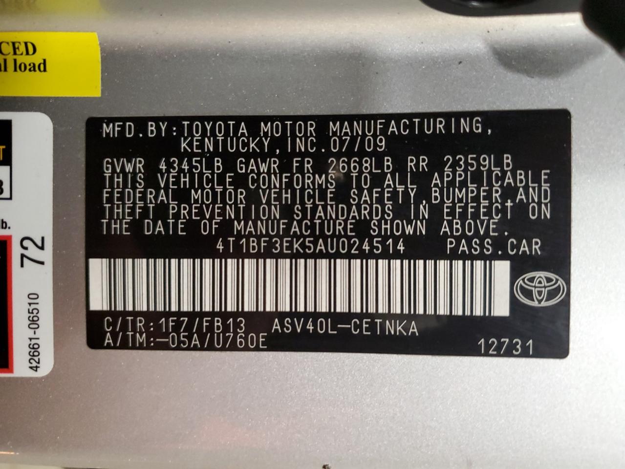 2010 Toyota Camry VIN 4T1BF3EK5AU024514 Copart auction photo, front end / undercarriage damage thumbnail 12