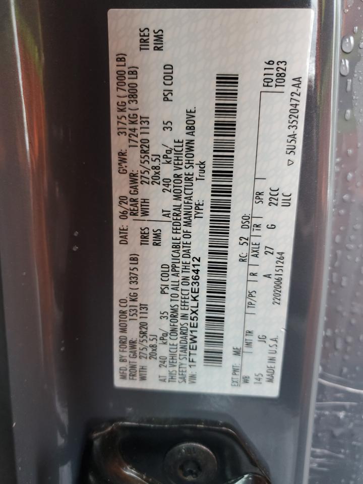2020 Ford F-150 VIN 1FTEW1E5XLKE36412 Copart auction photo, all over / rollover damage thumbnail 12