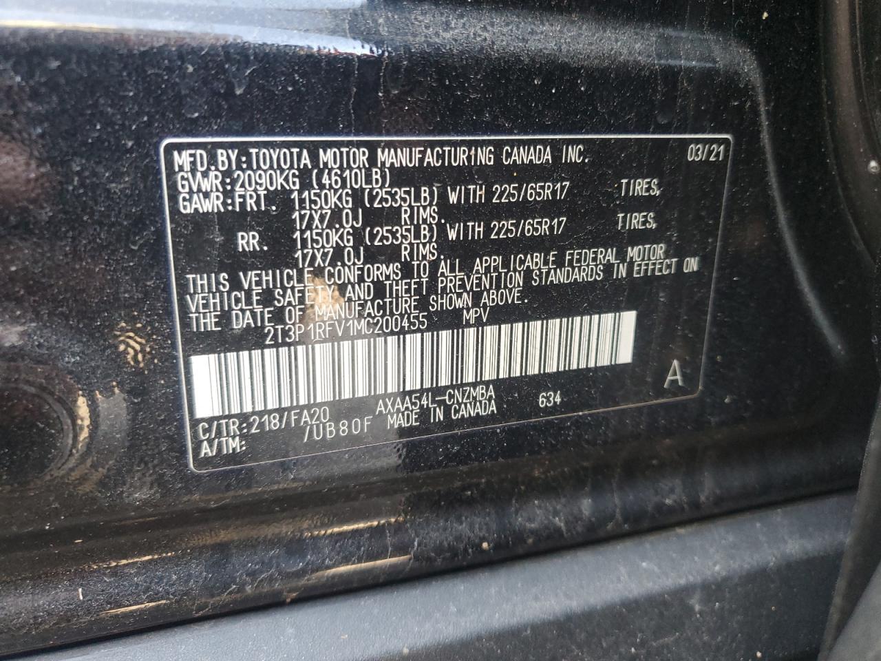 2021 Toyota RAV 4 VIN 2T3P1RFV1MC200455 Copart auction photo, front end / minor dent/scratches damage thumbnail 14