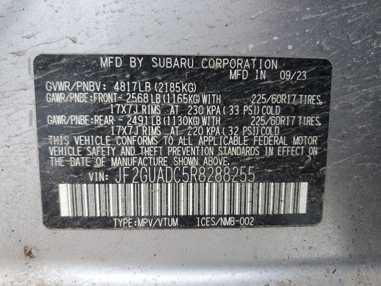 2024 Subaru XV VIN JF2GUADC5R8288255 Copart auction photo, front end / rear end damage thumbnail 15