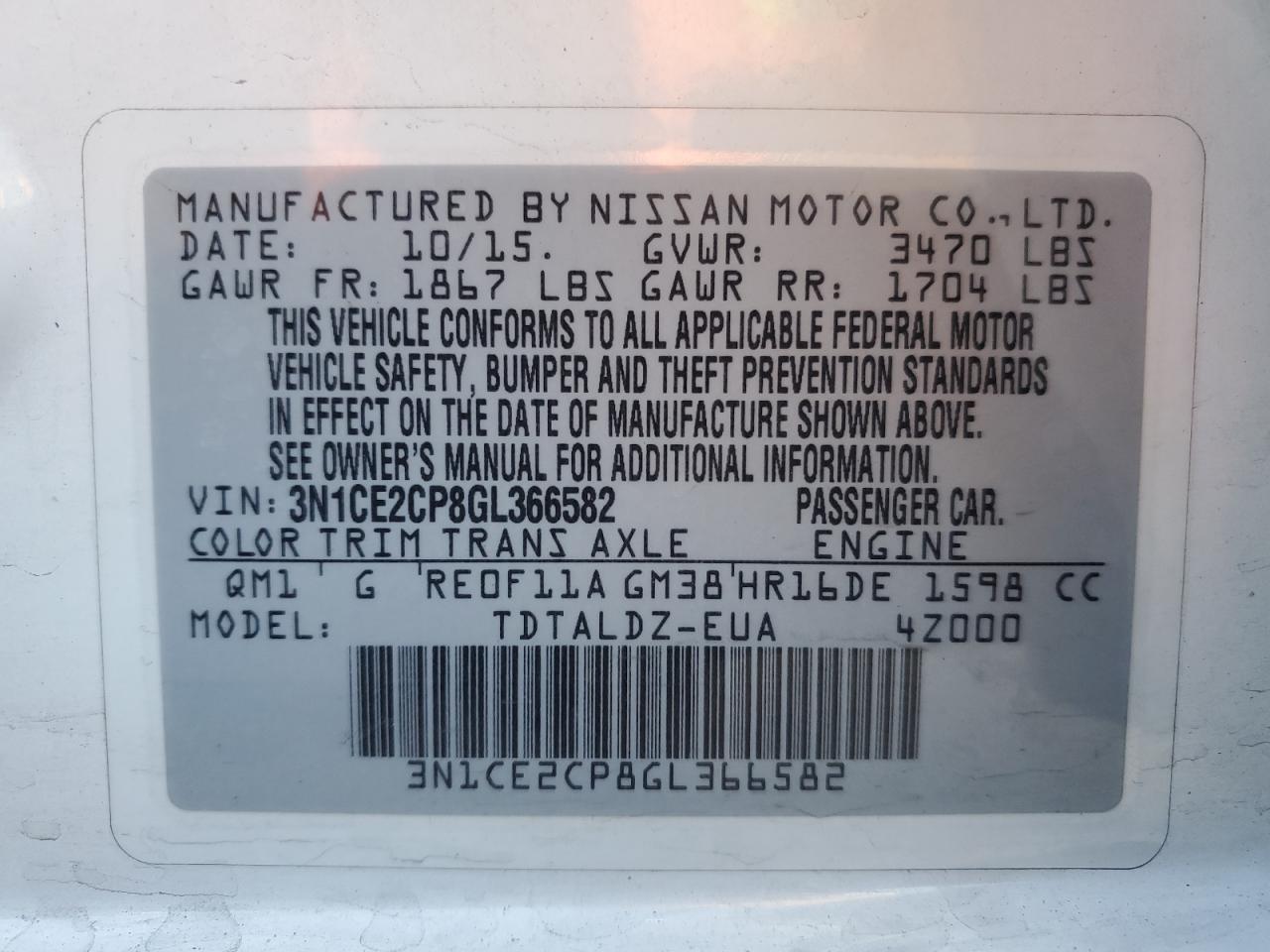 2016 Nissan Versa VIN 3N1CE2CP8GL366582 Copart auction photo, front end damage thumbnail 13
