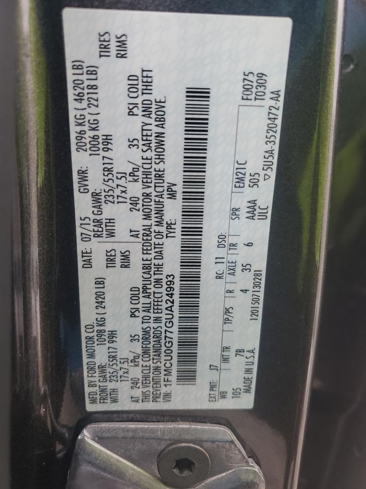 2016 Ford Escape VIN 1FMCU0G77GUA24993 Copart auction photo, front end / side damage thumbnail 14