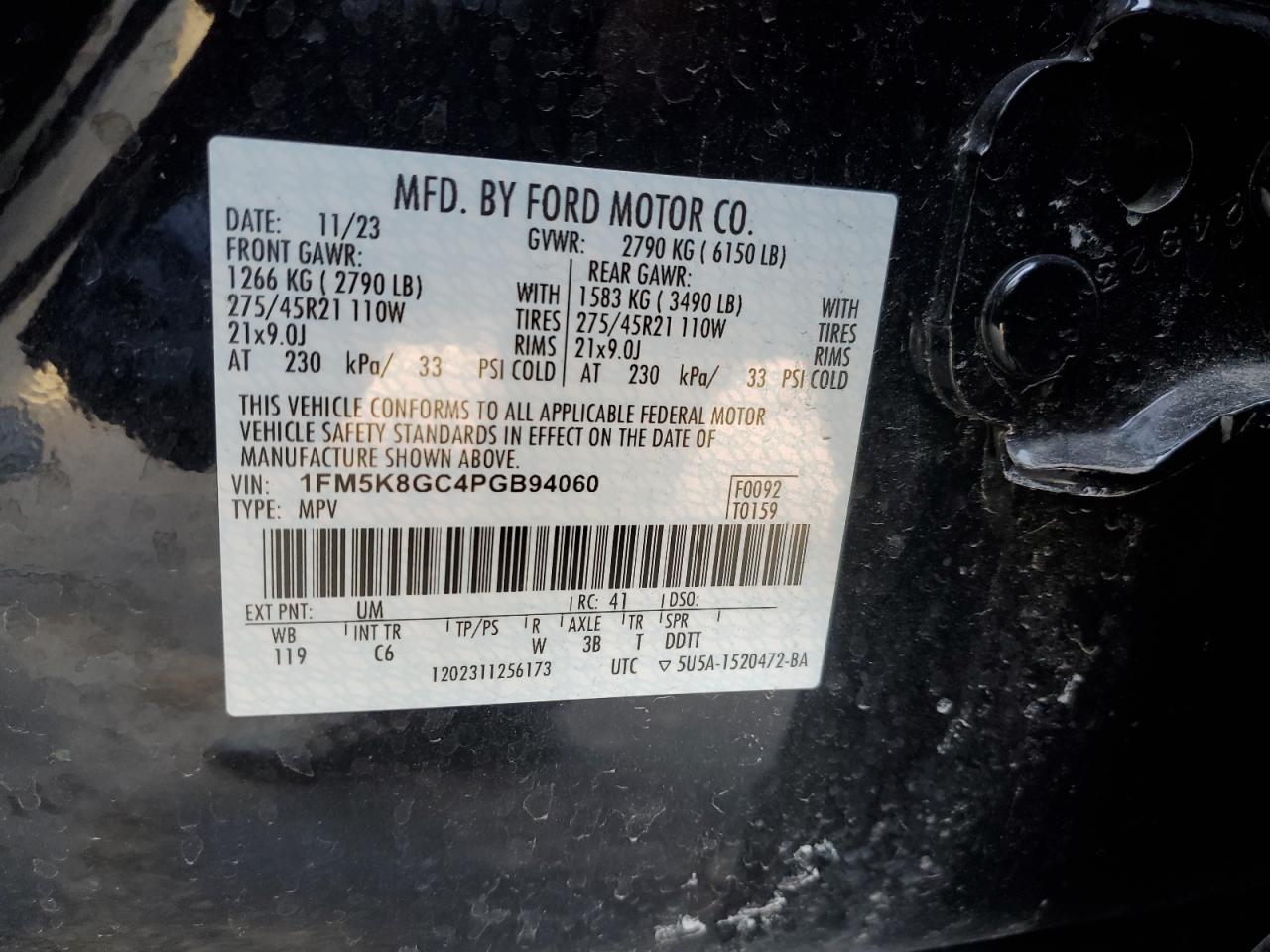 2023 Ford Explorer VIN 1FM5K8GC4PGB94060 Copart auction photo, front end / side damage thumbnail 13