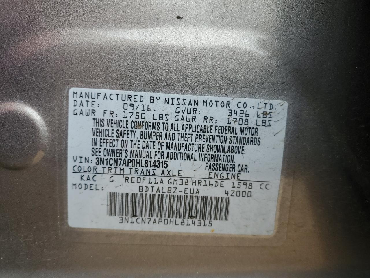 2017 Nissan Versa VIN 3N1CN7AP0HL814315 Copart auction photo, side / rear end damage thumbnail 12