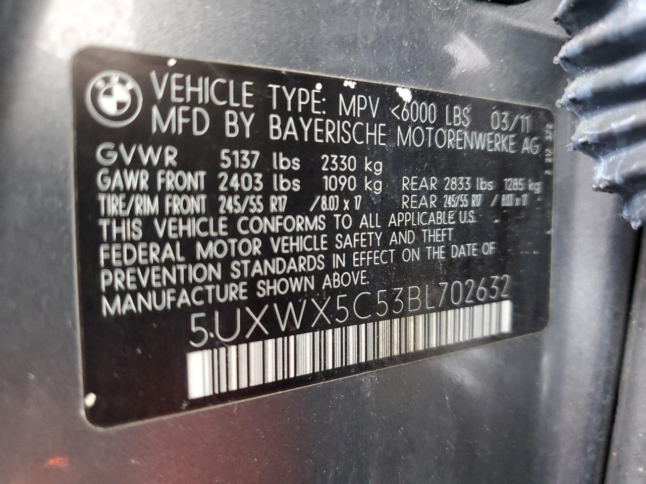2011 BMW X3 VIN 5UXWX5C53BL702632 Copart auction photo, rear end / mechanical damage thumbnail 14