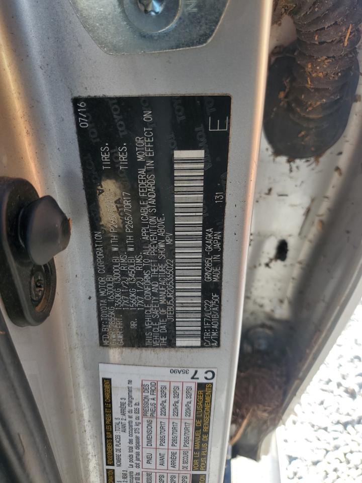 2016 Toyota 4Runner VIN JTEBU5JR2G5365022 Copart auction photo, water/flood damage thumbnail 12