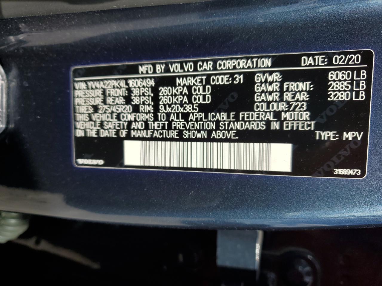 2020 Volvo XC90 VIN YV4A22PK4L1606494 Copart auction photo, rear end damage thumbnail 13