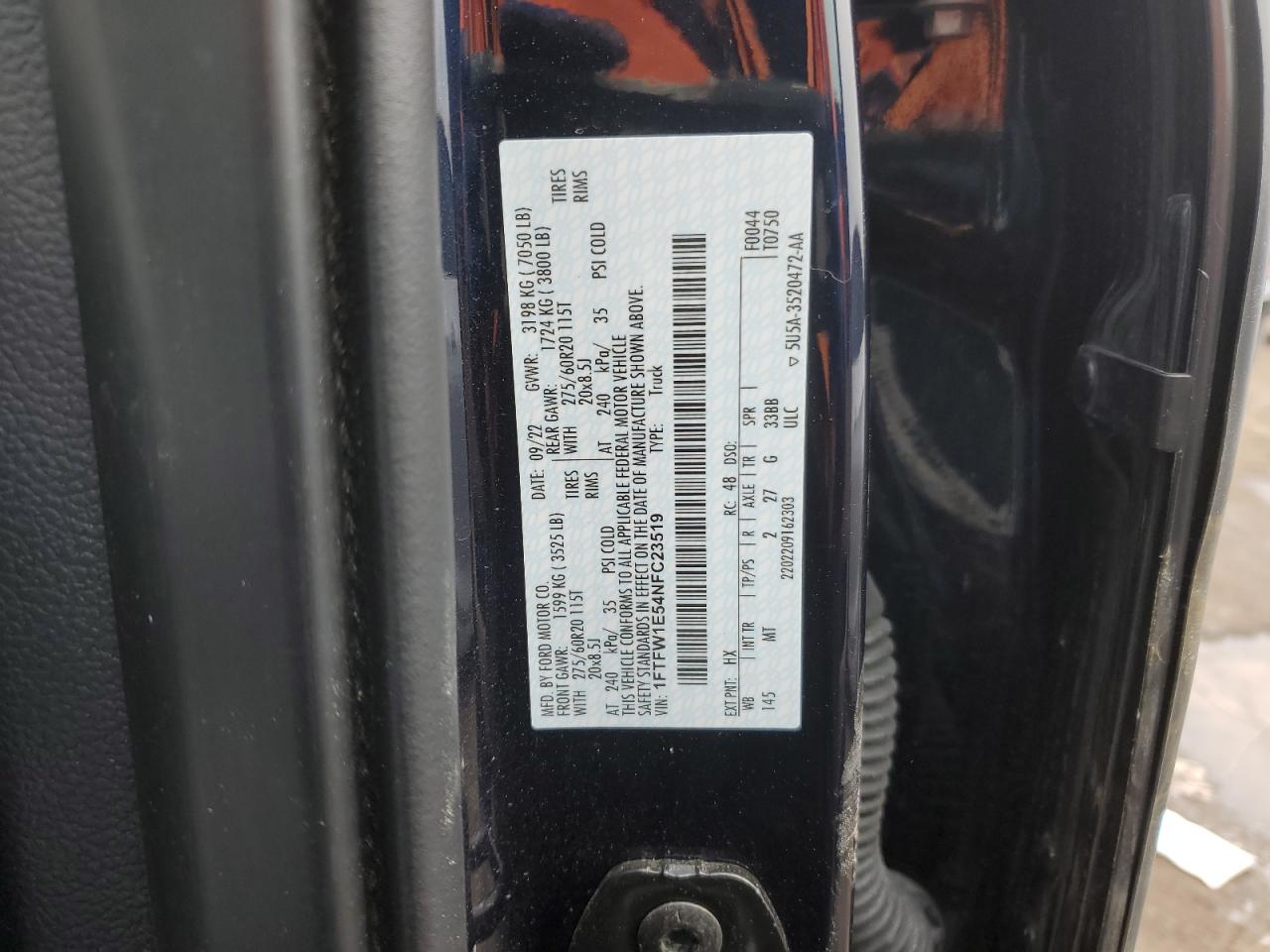 2022 Ford F-150 VIN 1FTFW1E54NFC23519 Copart auction photo, front end / side damage thumbnail 12