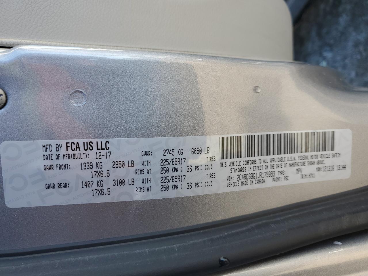 2018 Dodge Caravan VIN 2C4RDGBG1JR175993 Copart auction photo, front end damage thumbnail 14