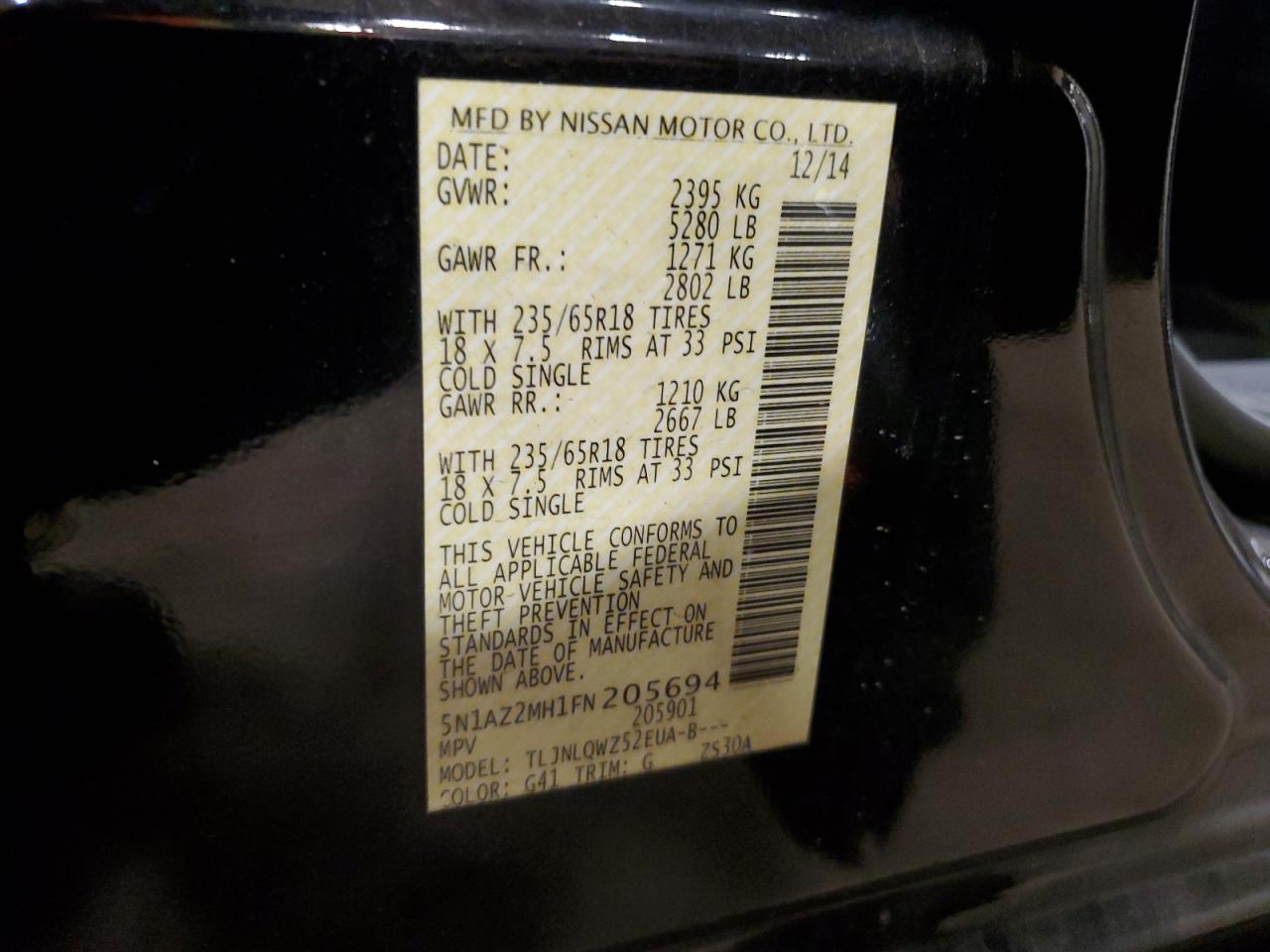 2015 Nissan Murano VIN 5N1AZ2MH1FN205694 Copart auction photo, front end damage thumbnail 14